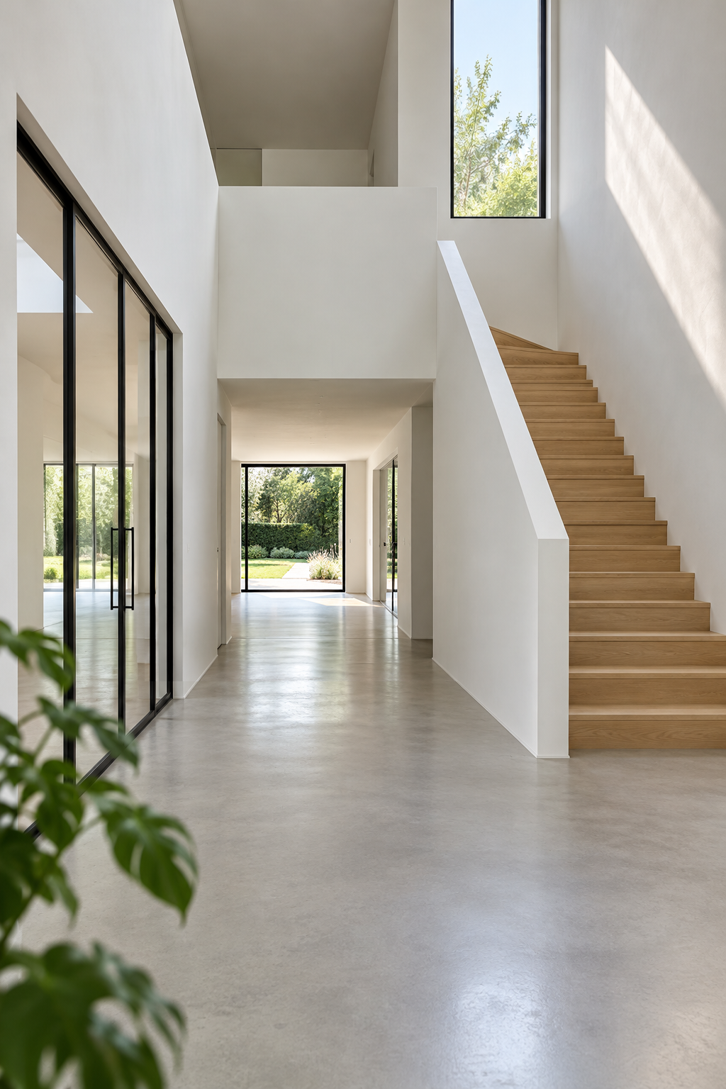 Lichte gerenoveerde inkomhal met houten trap